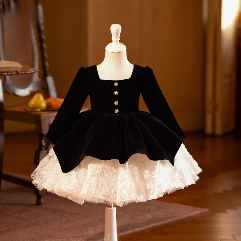 Black Children Girls Birthday Princess Ball Gown Long Sleeve Party Dress Piano Performance Host Formal Evening Gown Kids Clothes