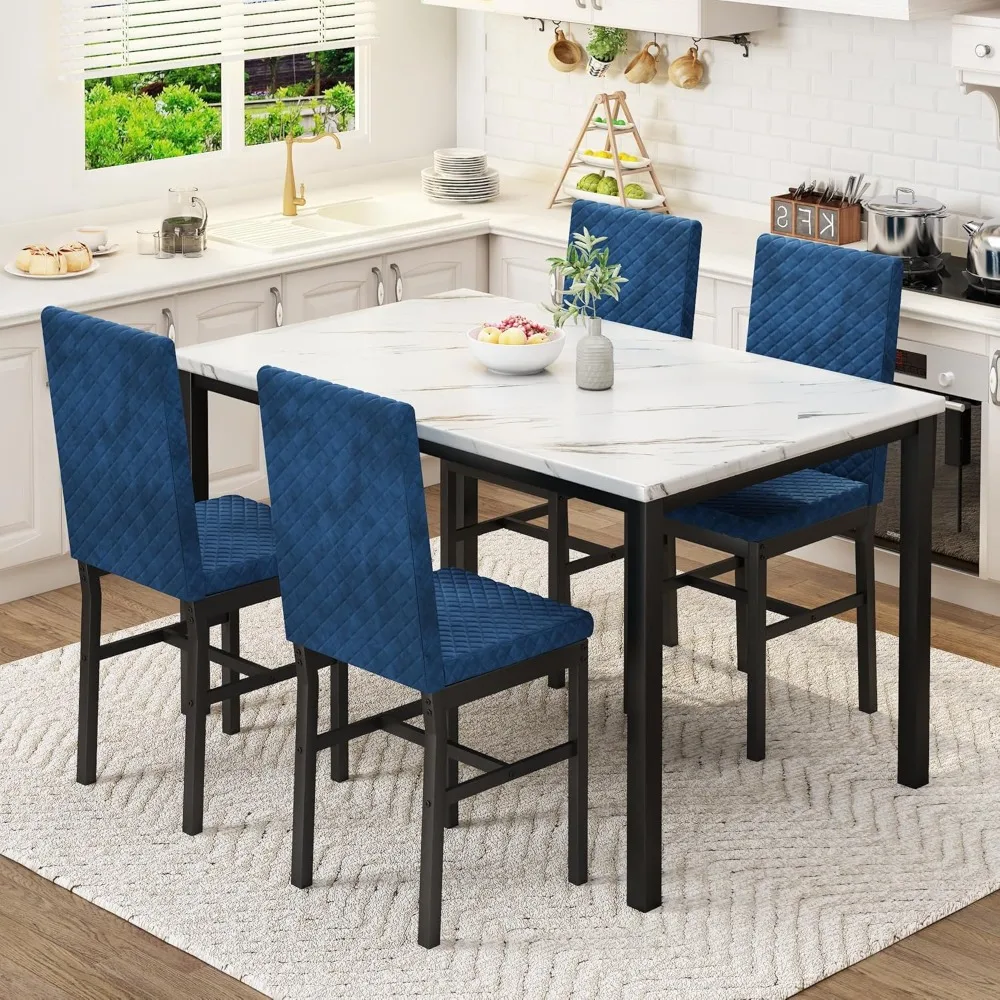 Marble Dining Set for 4 - Faux Marble Table and 4 Velvet Upholstered Chairs for Kitchen or Dining Room (White & Blue)