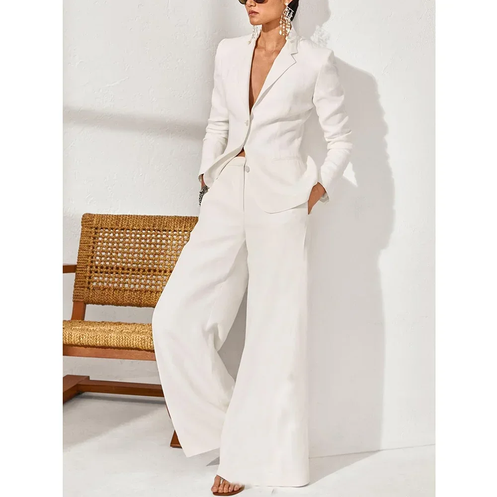 Summer Linen Women Pants Sets White Fashion Notch Lapel Single Breasted 2 Piece Elegant Chic Daily Casual Office Female Suit