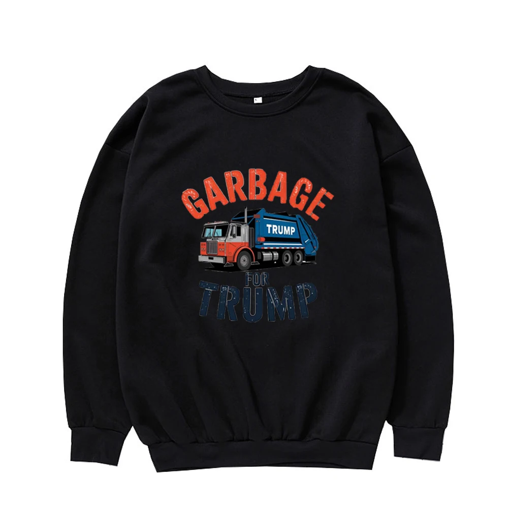 Garbage For Trump Crew Neck Sweatshirt Cartoon Text Pattern Streetwear Y2k Autumn And Winter Clothing For Men Women Pullover