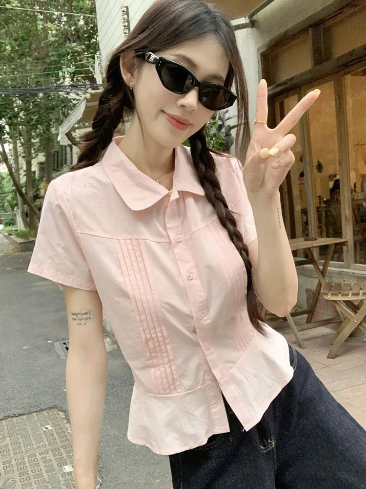 Süßes, niedliches, pinkes Hemd für Damen, Sommer, Kurzarm, Preppy-Stil, schmal geschnitten, Vintage-Bluse, lässig, mit Umlegekragen, koreanische Damen-Kawaii-Tops