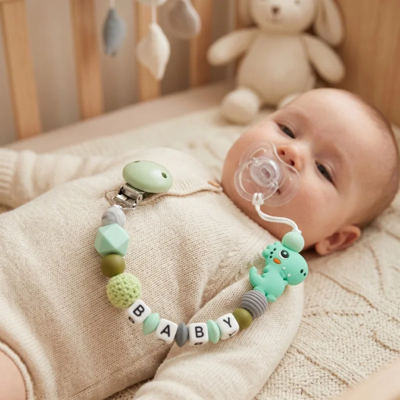 Mittsboy Personalized Pacifier Clip Custom Name Silicone Baby Teether Chain Dinosaur Dummy Holder BPA Free Baby Shower Gift