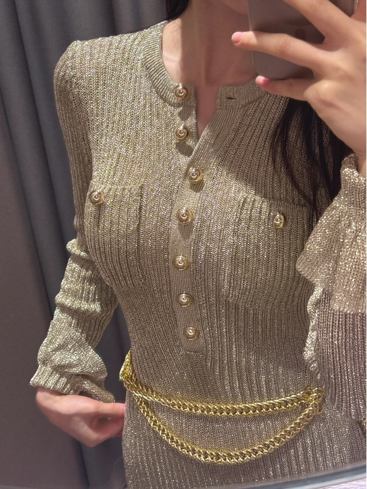 

Heidd Sp2025 Осень Зима Золотой Бежевый Lurex iny Эластичный вязаный свитер Long Sve Полиэфирное волокно Женский трикотаж