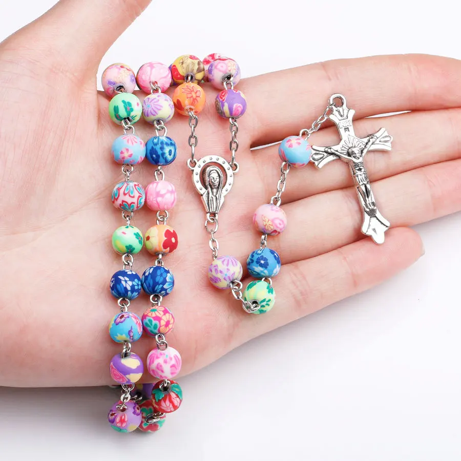6MM 8MM Religiöse Kreuzanhänger-Rosenkranz-Halsketten für Frauen, bunte weiche Keramikperlen, lange Kette, Schmuck mit der Jungfrau Maria