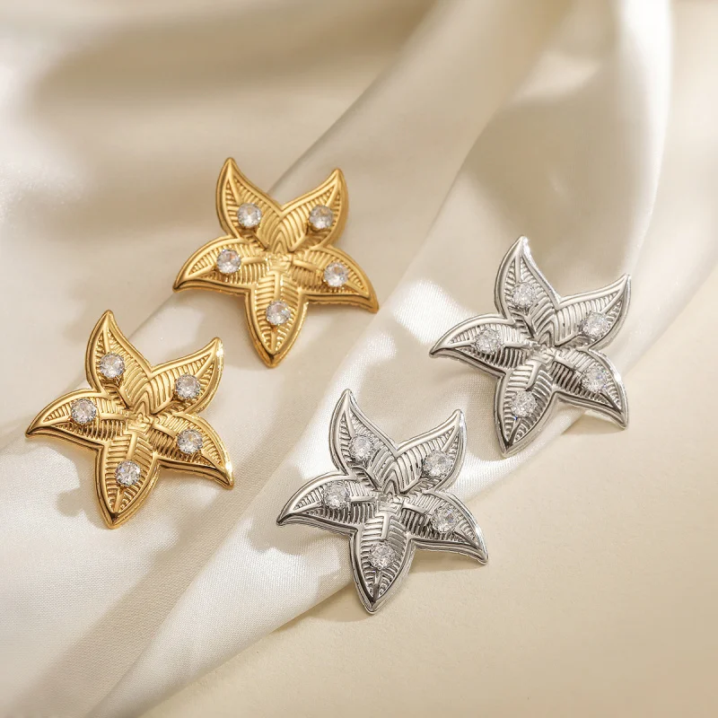 

European and American Fashion Luxury Gold-Plated Zircon Five-Pointed Star Earrings for Women Retro Style Niche Light Luxur