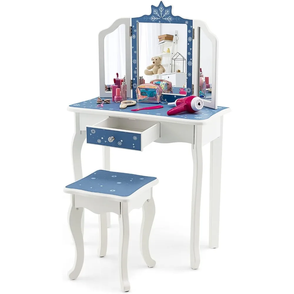 Snowflake Themed Princess Makeup Vanity Set for Little Girls, Real Glass Tri-Folding Mirror, Bedroom Dressing Table