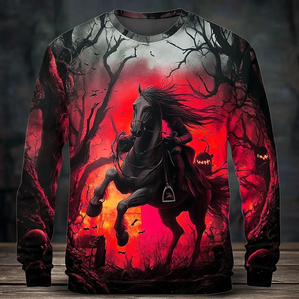 

Funny 3D Horse Pattern Men's T-shirt Spring Autumn Casual O-neck Long Sleeve Tops Fashion Animal Print Pullover Loose Clothing