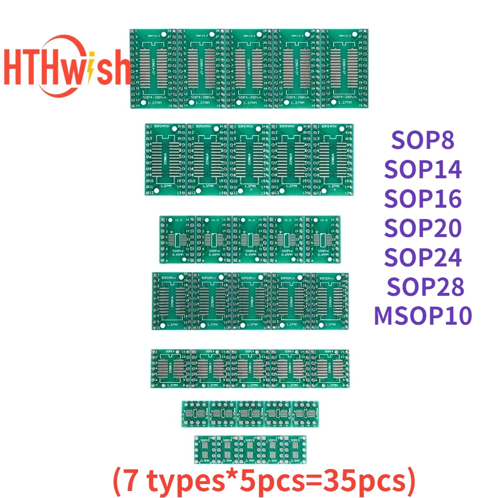 35szt/lot Pcb SMD Turn to DIP Adapter Converter (7 rodzajów) Protoboard SOP8 MSOP10 SOP14 SOP16 SOP20 SOP24 SOP28 diy electronic