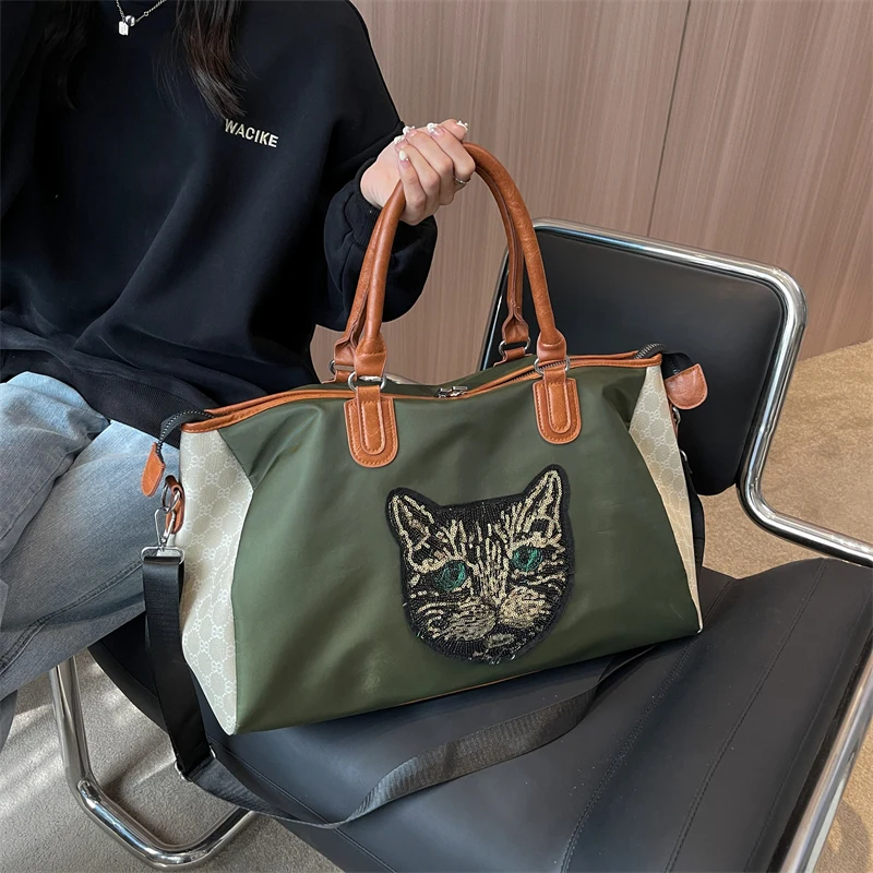 Tiptoegirls Large Capacity Travel Handbag High Quality Oxford Fabric Bag Applique Print Panelled Women Shoulder Bag Black Green