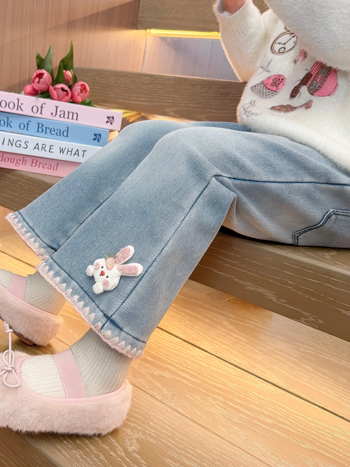 

Джинсы для девочек из денима с кружевом и кроличьим принтом, повседневные, осенне-зимние, модные, теплые, с завышенной талией...