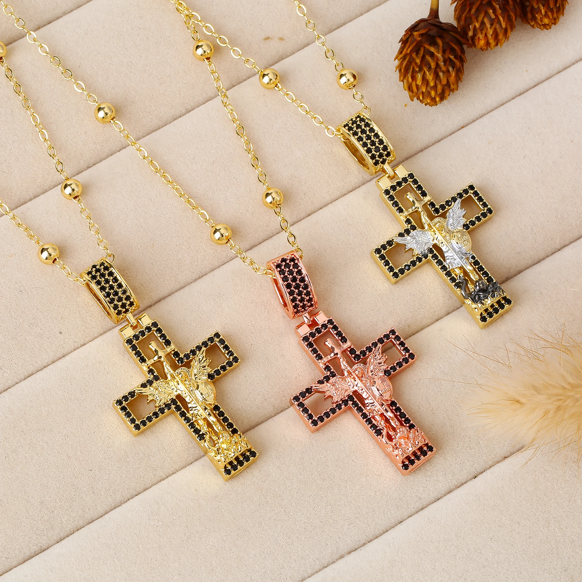 Jewelry Faith Protection Gift For Men Women Zircon Cross Saint Michael Archangel Pendant Necklace Catholic Religious Unisex