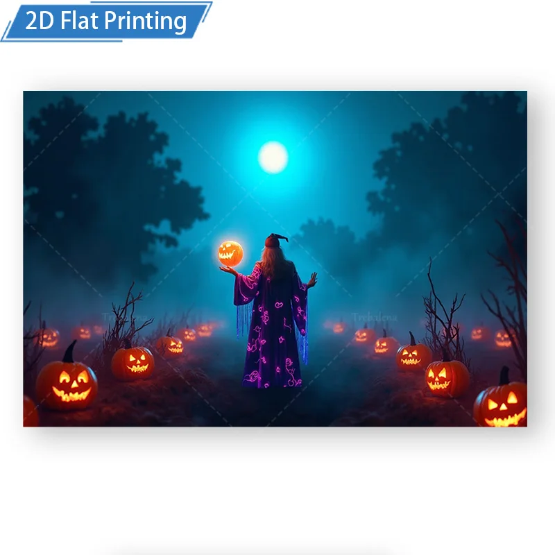 قطعة واحدة من نسيج الجدار المزخرف على شكل يقطين الهالوين - مشهد ليلي مخيف مع اكتمال القمر والساحرة