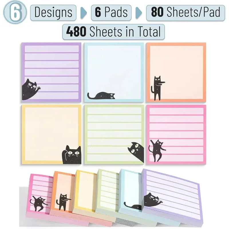 Adorables notes autocollantes chaton, blocs-notes créatifs de dessins animés, autocollants réutilisables pour journal, messages pour réfrigérateur, pour le bureau et l'école