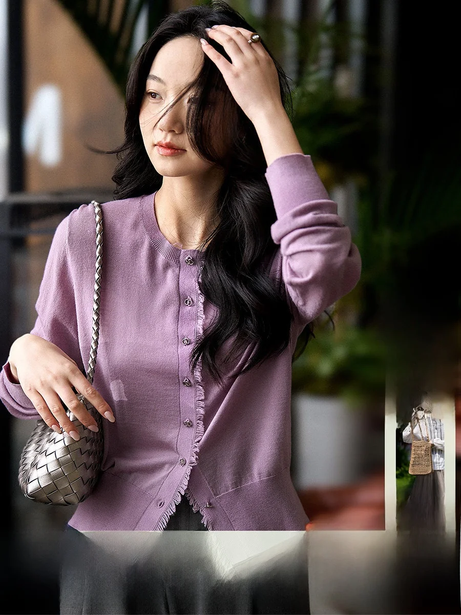 

XiaoHanGe Knitted Open Cardigan Tall Slimming Fine Wool 175μm 120S Soft Long Sleeve Women's Spring Fashion Casual Wear