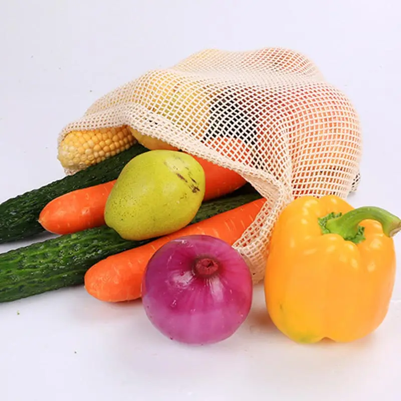 Reusable Mesh Cloth Bag for Vegetable and Fruit, Cotton Net Bag, Single Side Drawstring, Washable Cotton Rope, Produce Bags