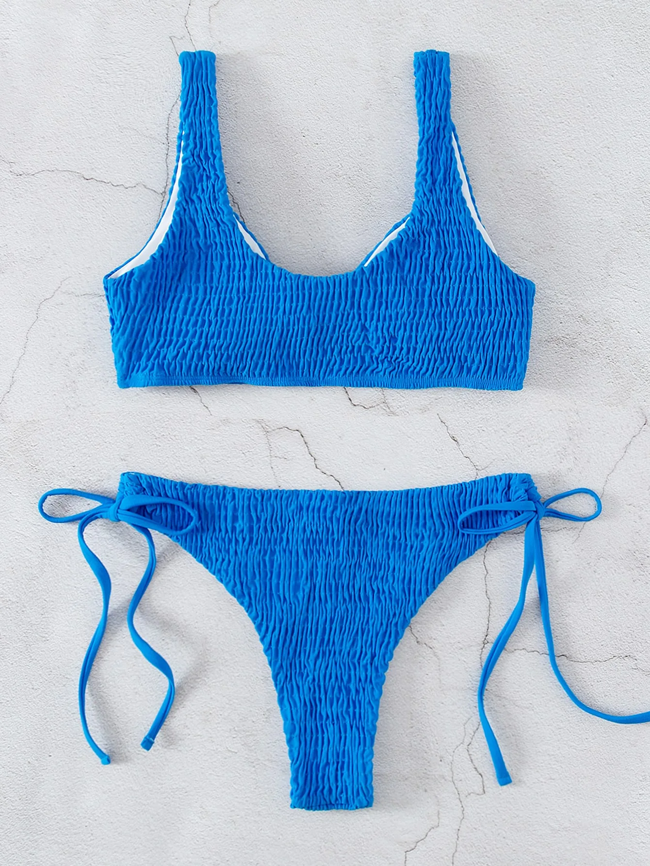 Solid Color Blue Swimsuit for Women 2024 New 2 Piece Bikini Sexy Bandage V-neck Swimwear Summer Beach Vacation Set Bathing Suit