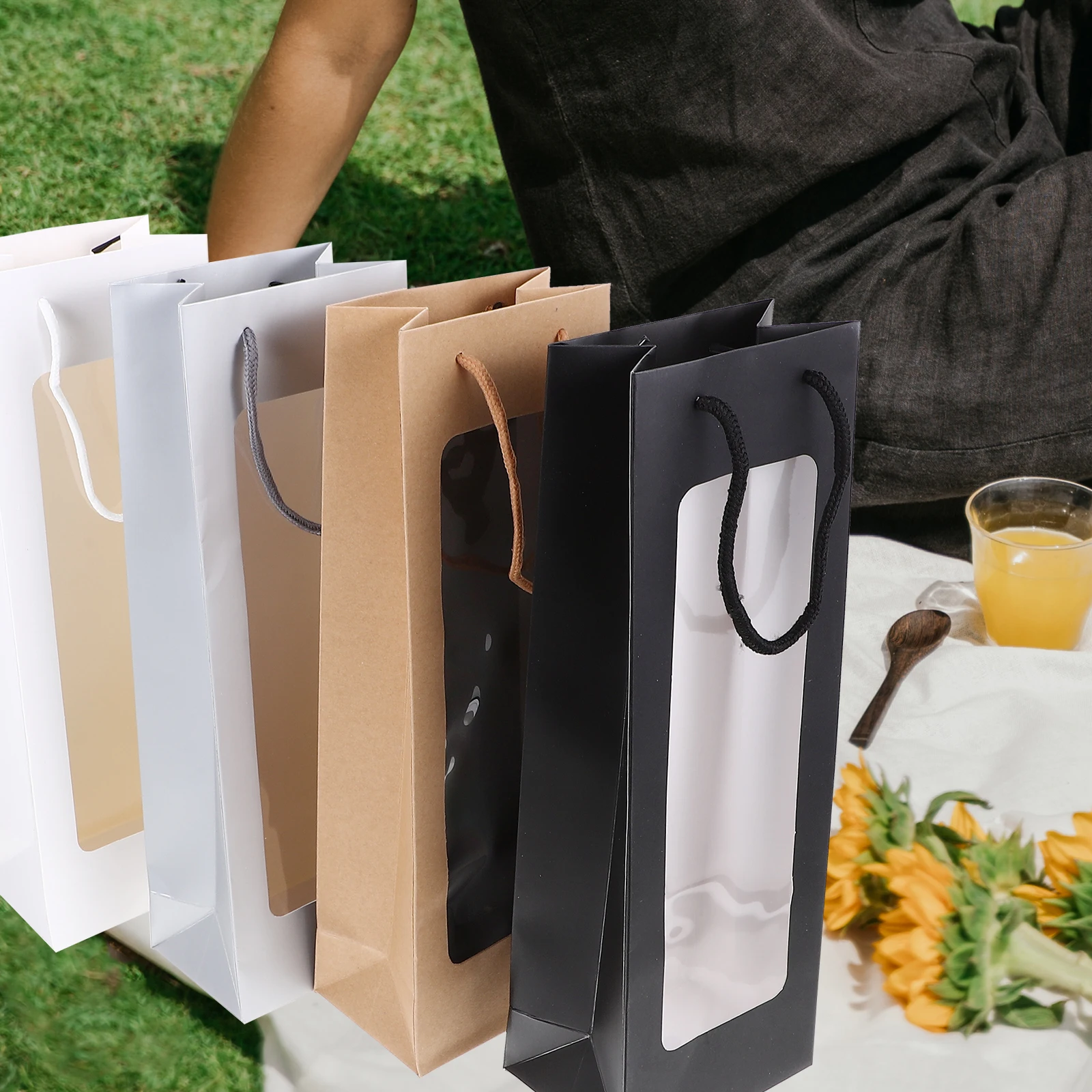 

4pcs Wine Packaging Bags 12 5x8 5x36CM White Black Brown Silver Window Tote Bottle Holder Gift Reusable Shopping Bag