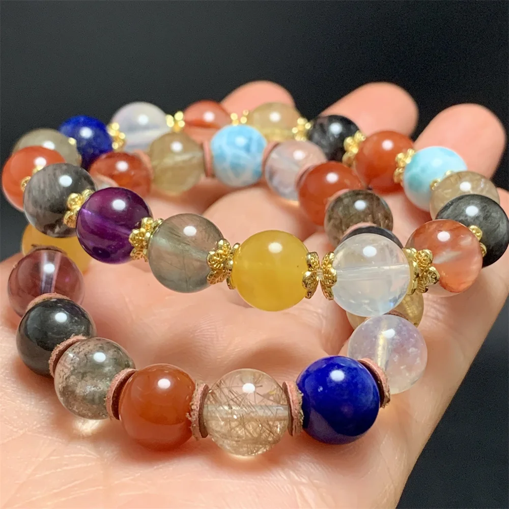 

Natural Colorful Gemstones Rainbow Bracelets Women Amber Lapis Larimar Moonstone Silver Rutiled Quartz Beads Candy Bracelet AAAA