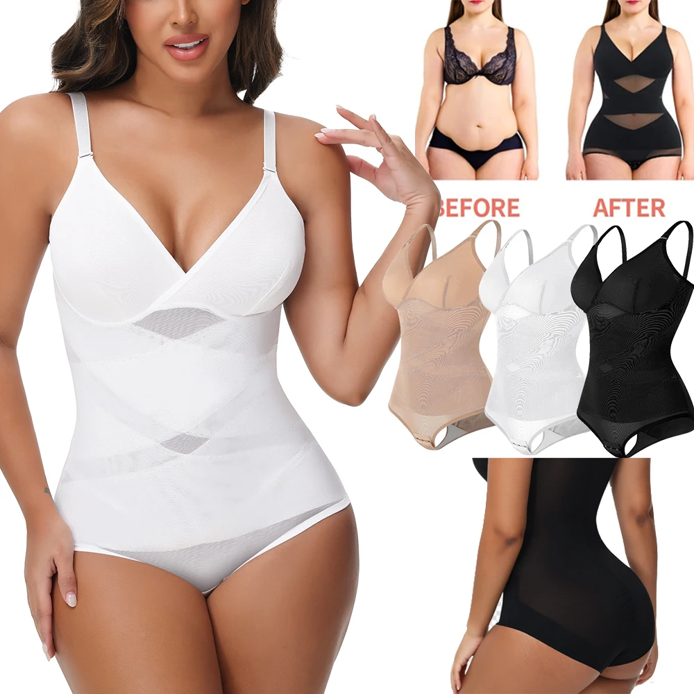 

Women's Cross Waist Bodysuit Mesh Belly Control Full Body Shaper Sexy Breathable Suspender Top Shapewear with Thin Breast Cup