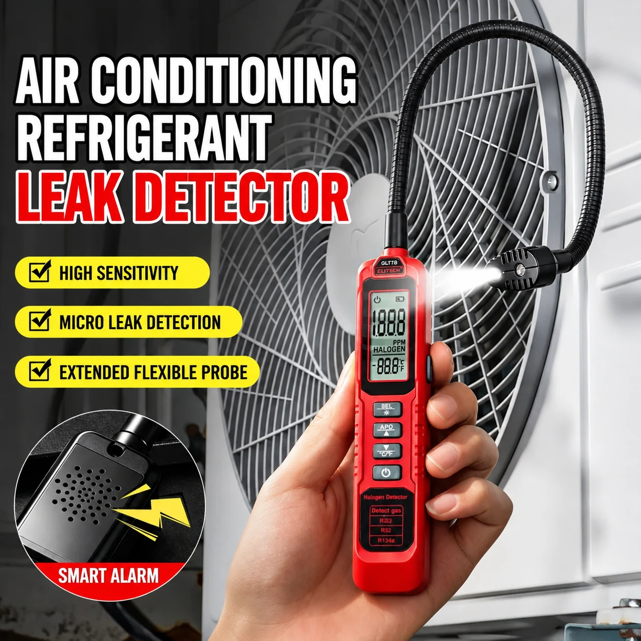 Multi Gas Refrigerant Leak Detector 0-1000ppm Freon AC Leak Tester LED Light for Automotive HVAC Repair