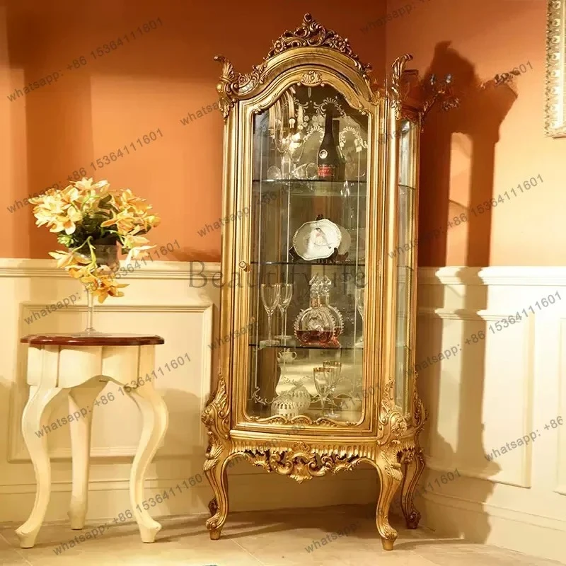 

yj5 French all solid wood hand-carved wine cabinet champagne color old glass decorative cabinet can be determined color