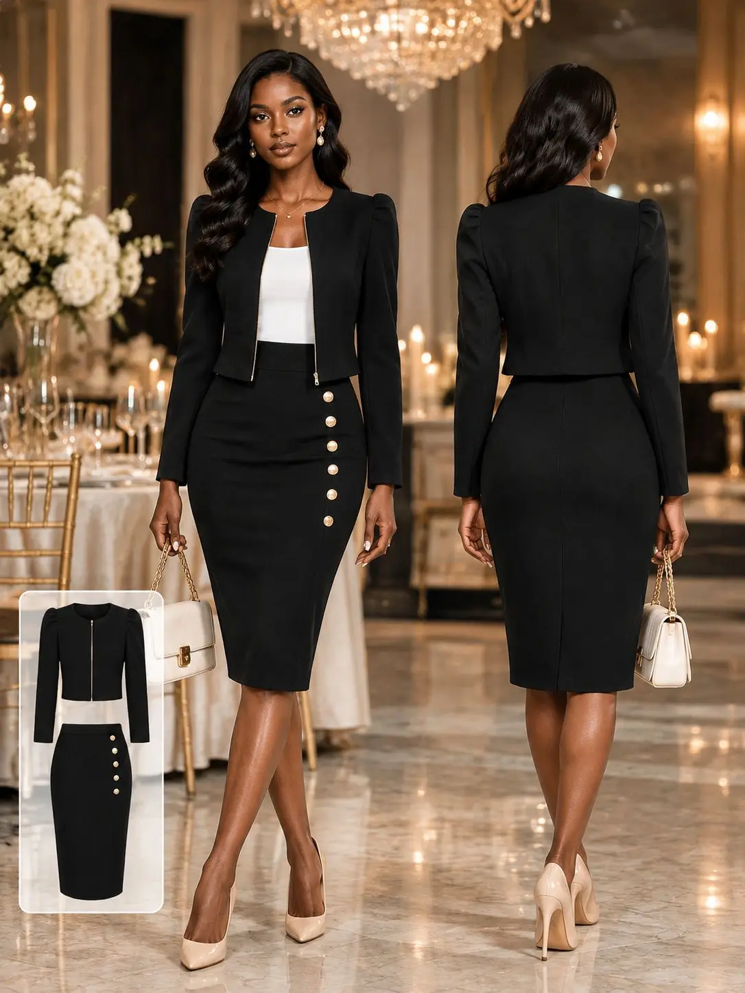 Women 2 Piece Skirt Suit Set Round Neck Zip‑Up Cropped Blazer Jacket High Waist Gold Button Decor Pencil Midi Skirt Elegant Business Work Formal Party Outfit