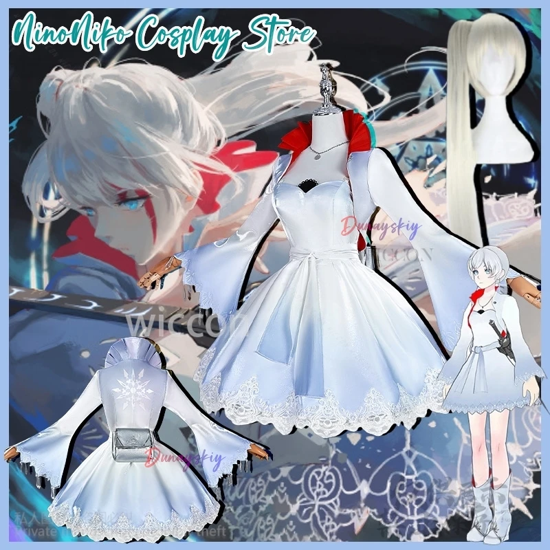 

Weiss Schnee Cosplay RWBY Anime Costume White To Blue Gradient Elegance Dress Lace Lolita Ponytail Wig Jirai Kei Girls Halloween