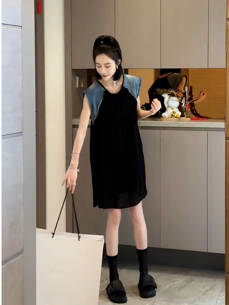 

Женское летнее новое модное повседневное платье с круглым вырезом, без рукавов, из денима, с эффектом похудения, А-силуэт, для работы и отдыха