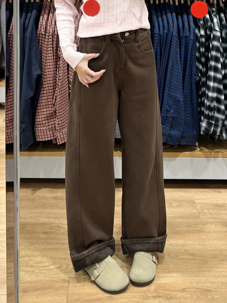 

Большие размеры Fce Lined Thi Джинсовые брюки Женские осенне-зимние свободные брюки с высокой талией Тонкие прямые широкие джинсы для груши...