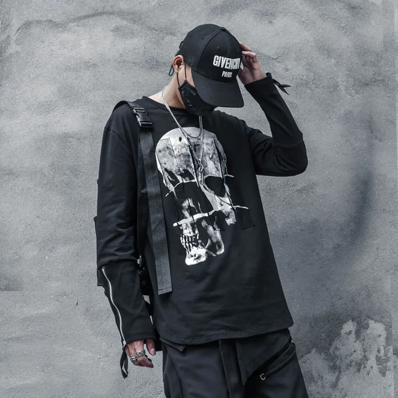 Hip Hop Long Sleeve T-Shirt Men 2022 Autumn Dark Personalized Printing Streetwear Sweat Shirts Cotton Tops Tees Black