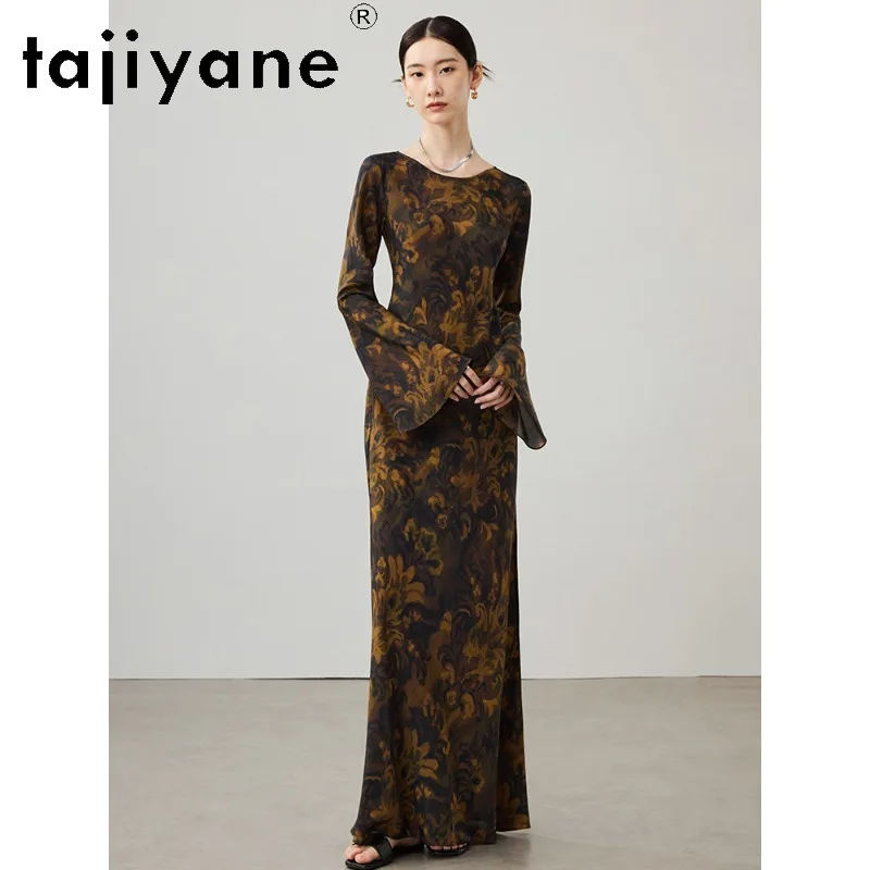TAJIYANE 96.1% Mulberry Silk Dress Woman Luxury Dress High Quality Print Dresses for Woman Extra Long Mermaid Skirt 141cm Платье