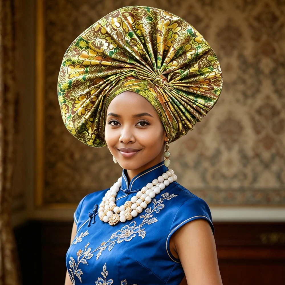Exaggerated Floral African Head Wrap Nigerian Auto Gele Turban Muslim Hijab for Party Wedding Geles Bonnet Headscarf Headpiece
