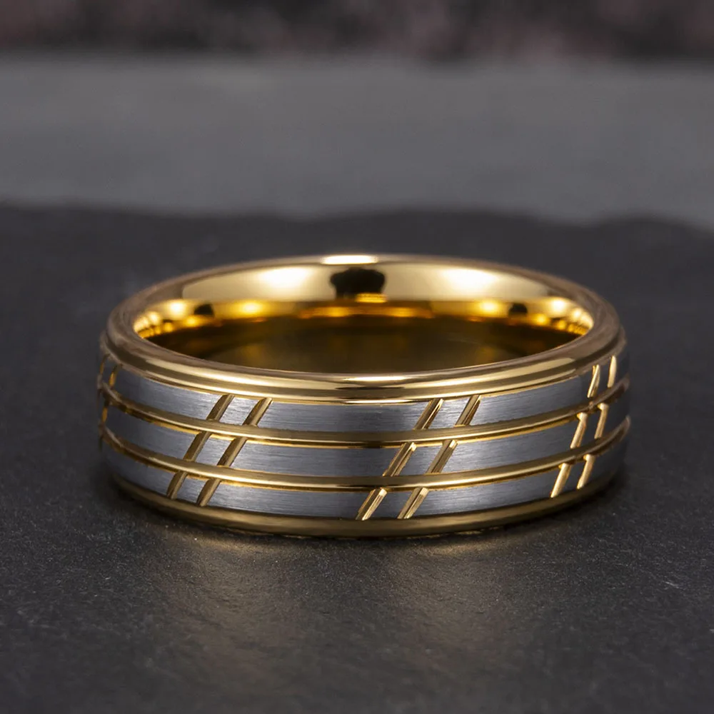 Tungsten Carbide Rings for Men and Women 8mm Fashion Golds Grooved Wedding Rings for Couples Date Birthday Gift