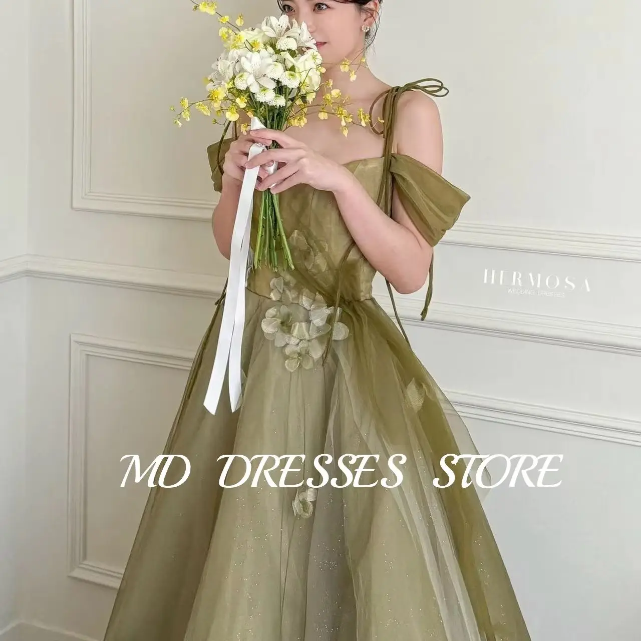 

MD Fairy Green Wedding Dress A-line Tulle Off Shoulder Applique Korea PhotoShoot Floor-Length Prom Gown Customised Evening Dress