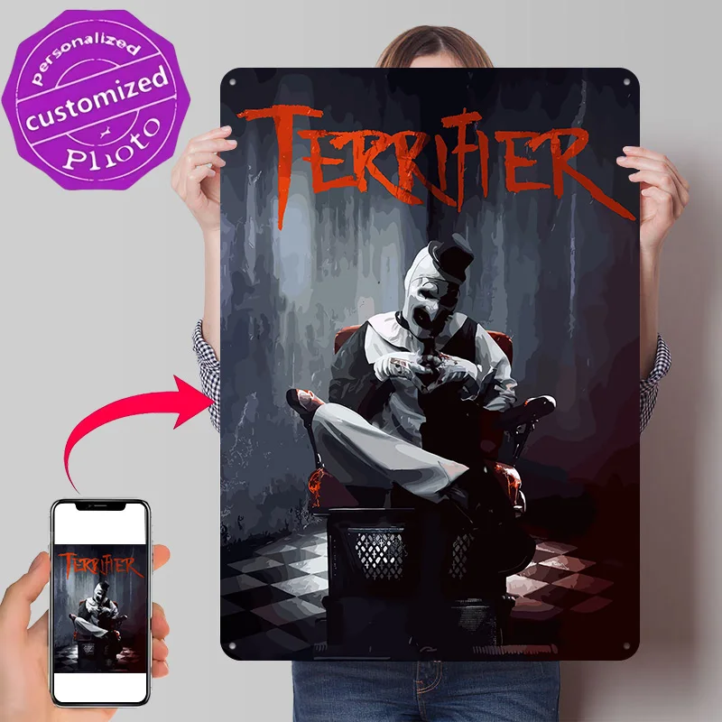 Terrifier Art the Clown Illustration 3D Texture Printed Poster Custom Vintage Metal Tin Plate Sign for Wall Art Decoration Room