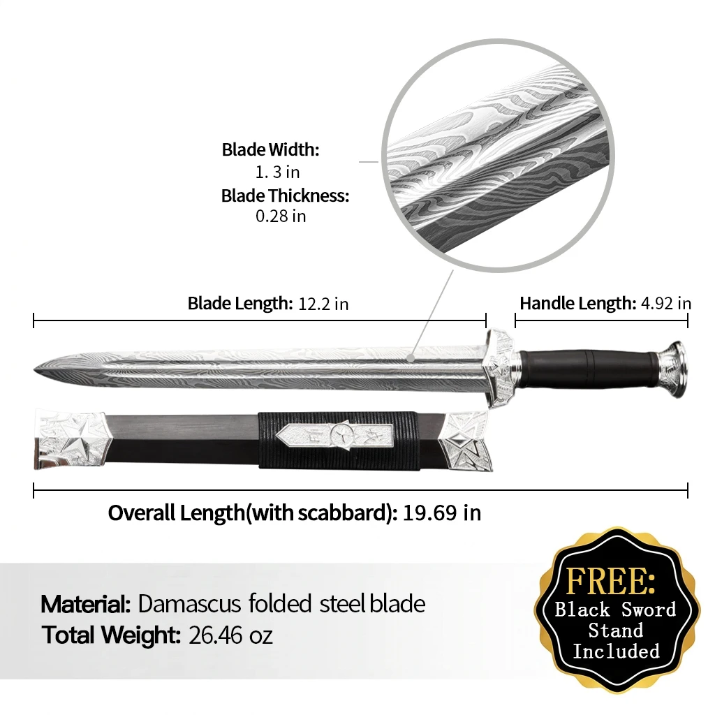 Short Sword Replica Novelty Craft Sword Twisted Pattern Folded Steel Blade Silver Zinc Alloy Fittings & Ebony Wood Scabbard - view 3