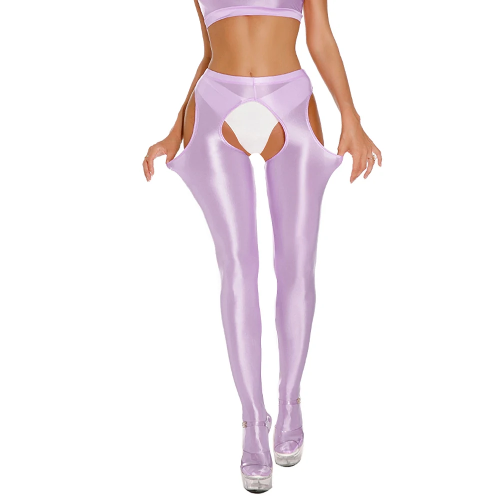 Women's Shiny See Through Open Crotch Leggings Skinny Dance Yoga Sports Pants Super Thin Pantyhose Solid Color