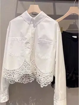 French Lace Patchwork Short Shirt 2024 Spring Autumn Women Elegant Blouse Femae Longsleeve White Shirt Office Lady Base Shirt