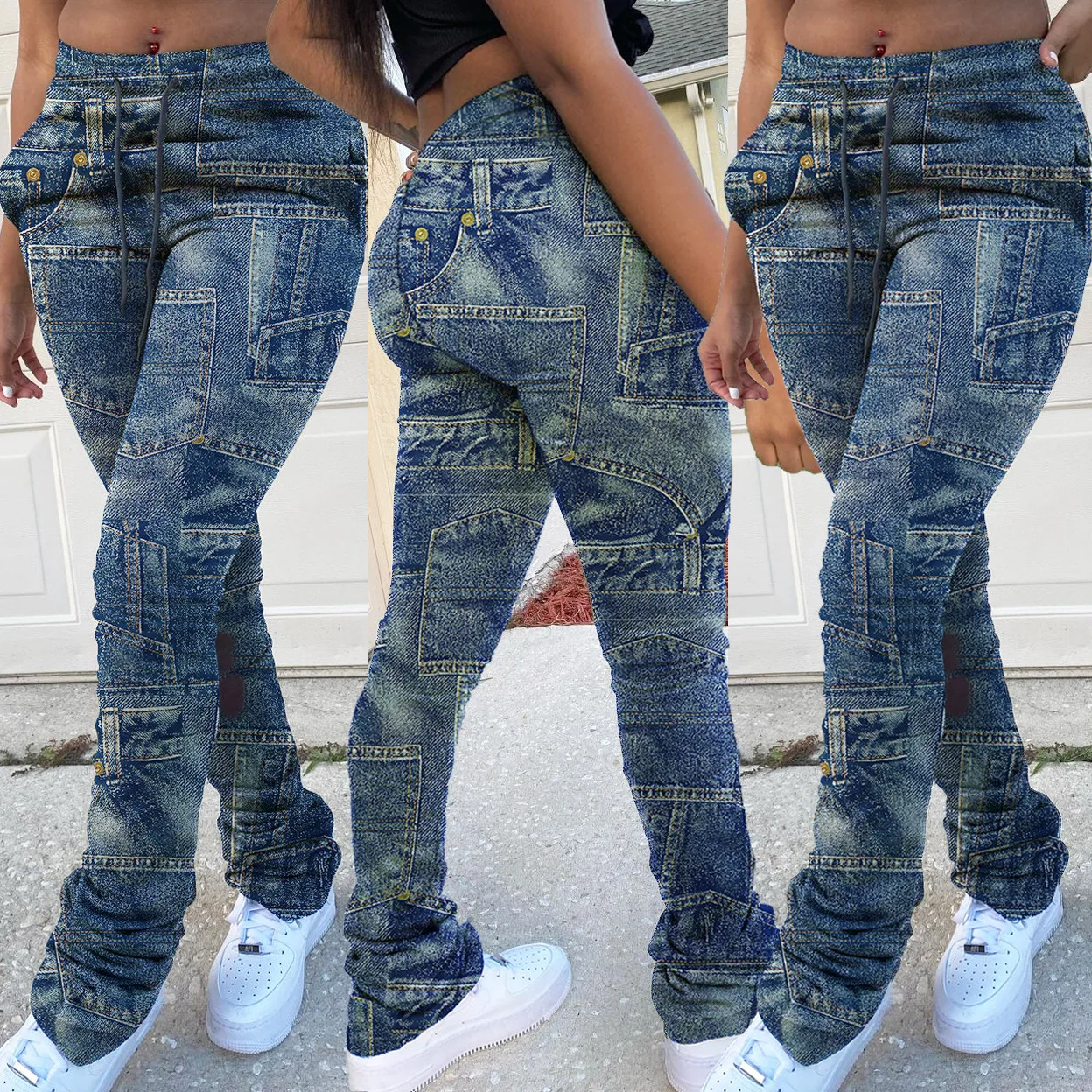Autumn and winter European and American women\'s clothing leggings plus size imitation denim printed drawstring stacking pants
