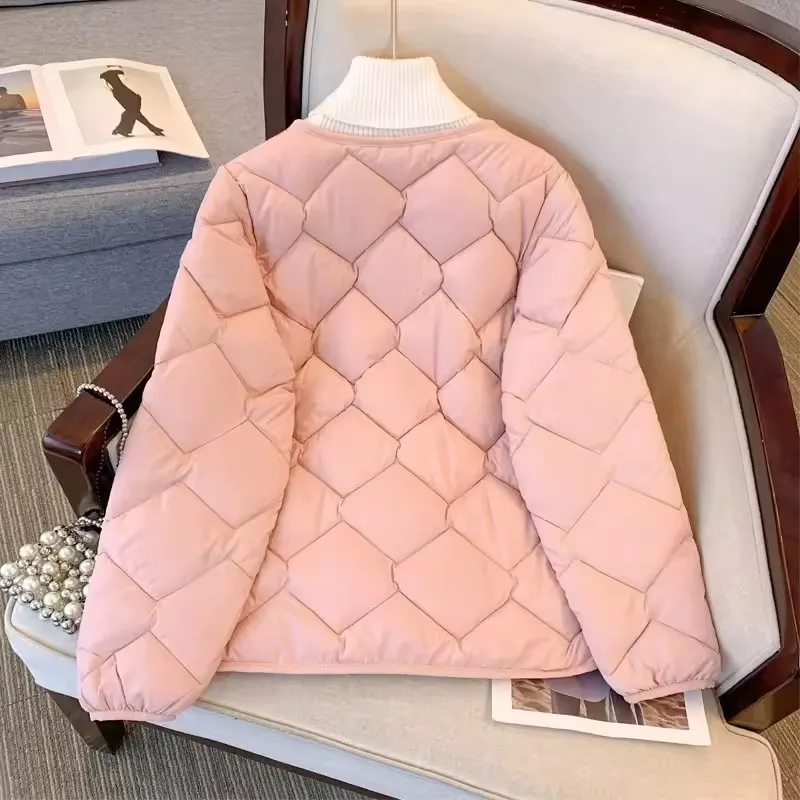女性秋冬暖かい綿ジャケット軽量襟なしソフトパッド入りジャケットレディースカジュアルルーズシングルブレストキルティングコート