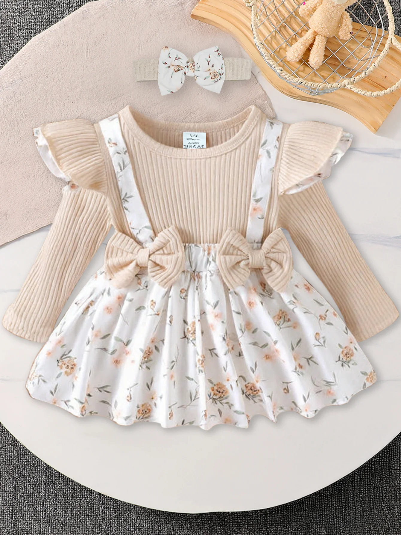 2-teiliges Set für Babymädchen, dünnes Frühlings- und Herbst-Strampler-Outfit, dreidimensionale Schleifendekoration für Babymädchen, langärmliger Strampler mit Blumenmuster und Rundhalsausschnitt +