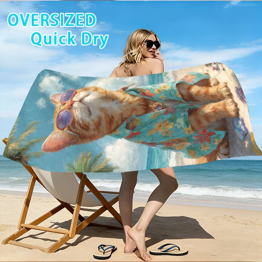 1PC  Tropical Vacation Cat Beach Towel Suitable for yoga, swimming, camping, big bath towels, essential travel accessories