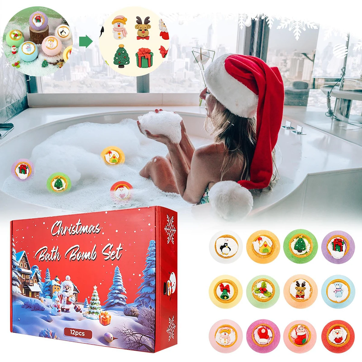 12pcs Christmas Bath Bombs Organic Handmade Bubble Bath Bombs Colorful Fizzy Bath Balls Box Christmas For Kids Adults Gift