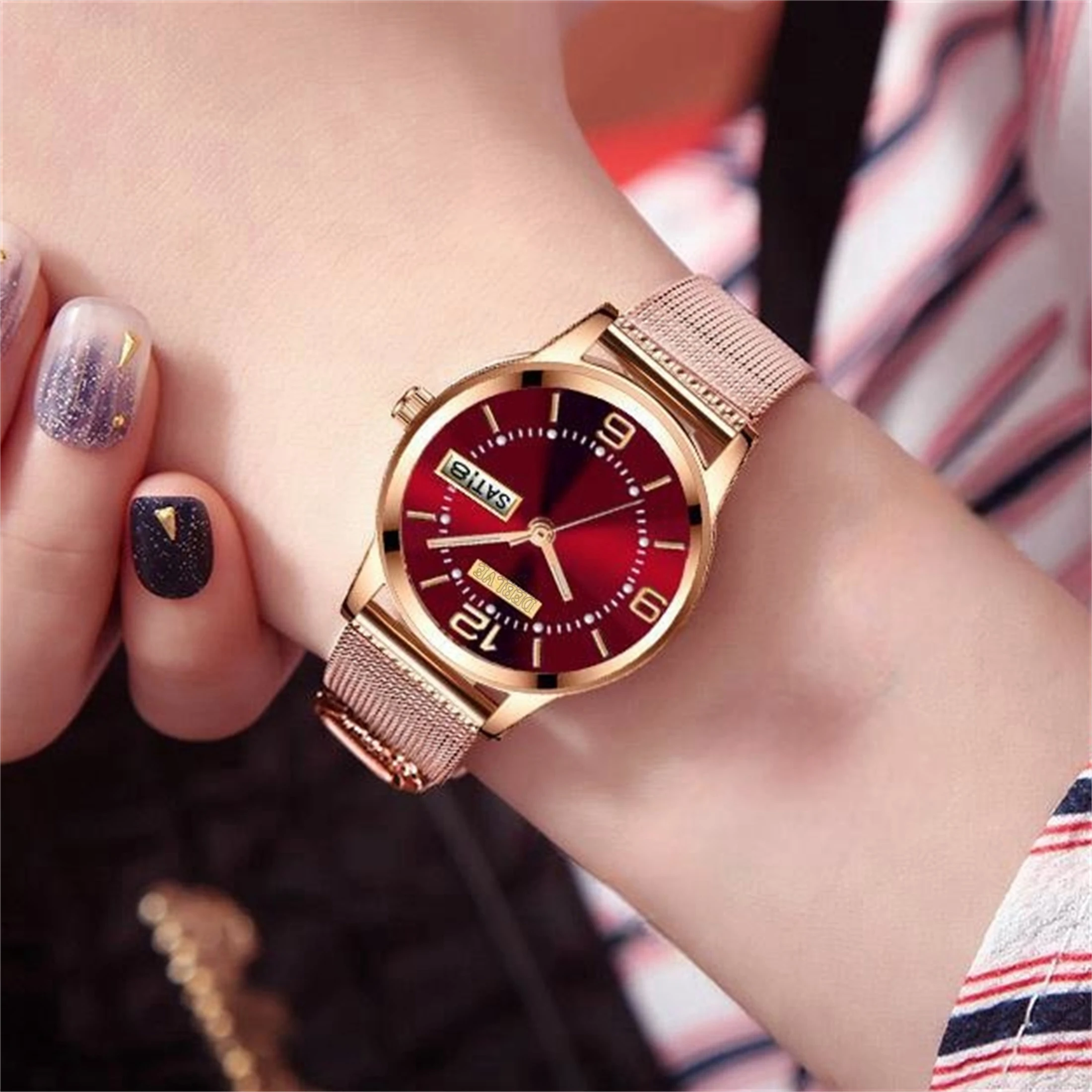 Elegant Watch Women\'s Watch 30M Waterproof Calendar Date Rhinestone Stainless Steel Watchband Ladies White Quartz Watch Gift