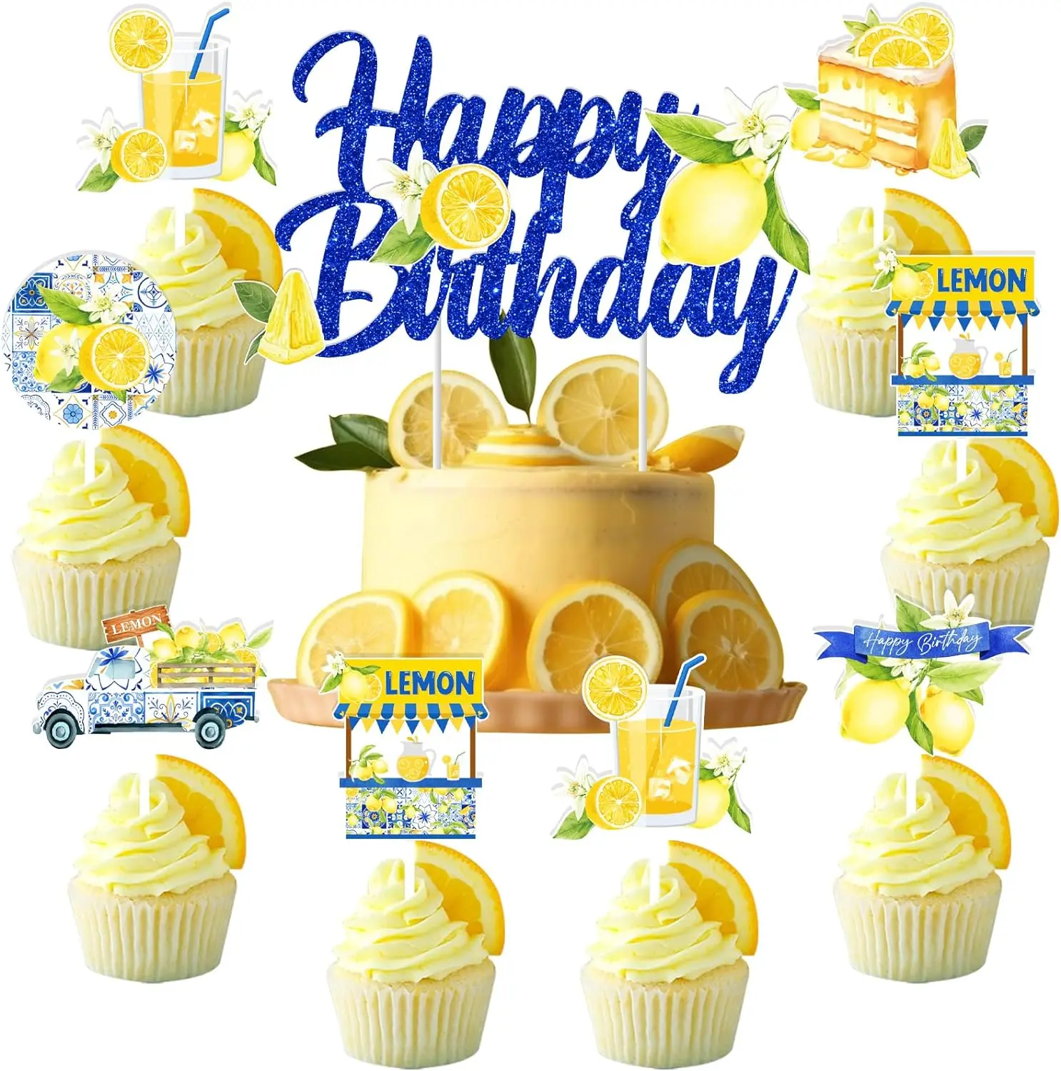 25 Pcs Tile and Lemon Birthday Cake Decor Happy Birthday Cake Topper Lemonade Cupcake Toppers for Lemon Theme Birthday Party