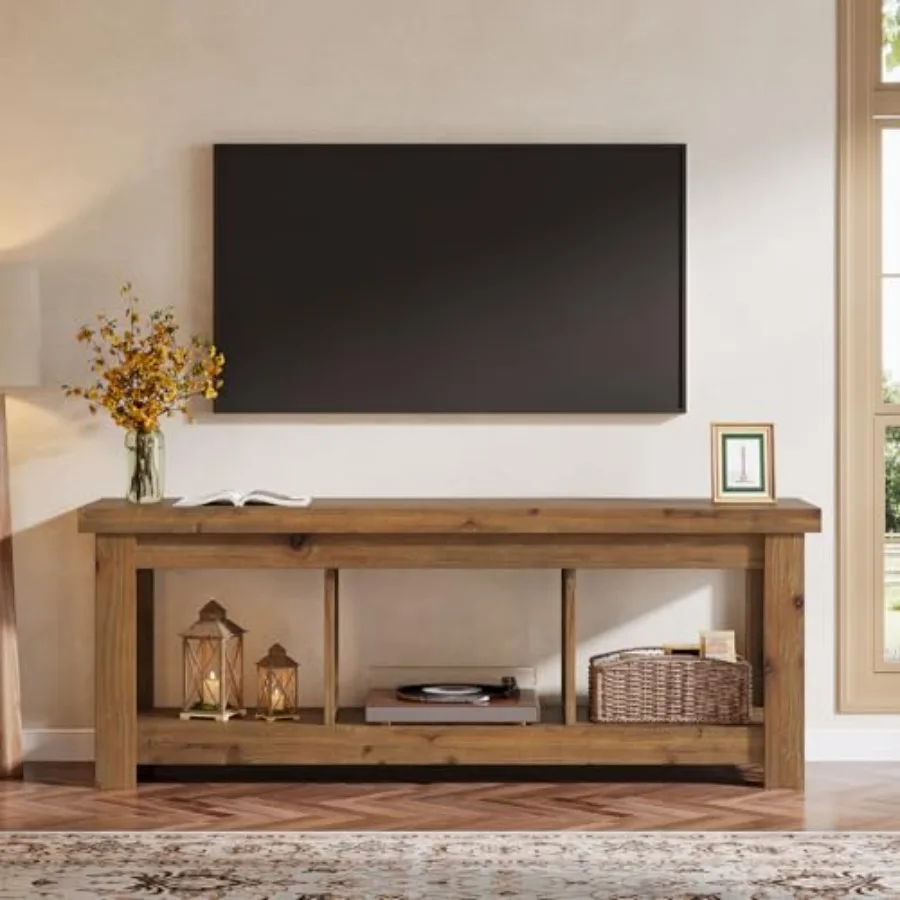 63 Solid Wood TV Stand for 65 inch TVs, Farmhouse Style in Rustic Brown with 3 Open Shelves Durable Entertainment Center for Li