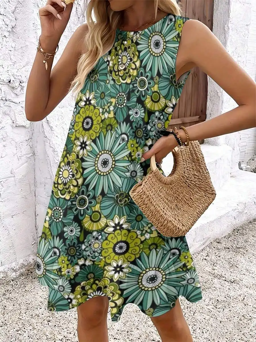

Womens Sleeveless Round Neck Bohemian Floral Print Swing Dress Casual A-Line Summer Beach Dress