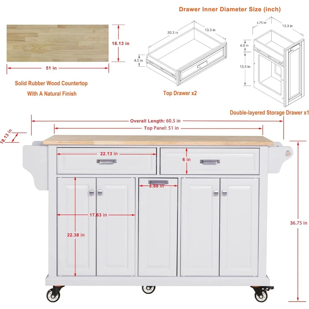 Mobile Kitchen Island with Storage Cabinet and Drawers, Rolling Kitchen Island Cart on Wheels with Rubberwood Countertop