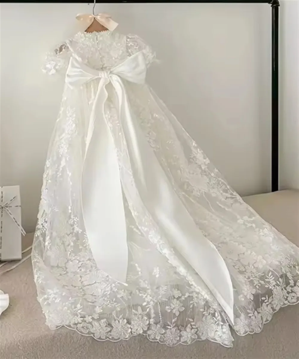 فستان زفاف أنيق مخصص لفتاة الزهور مزين بالدانتيل فستان تعميد الطفل للأطفال لأعياد الميلاد الأولى