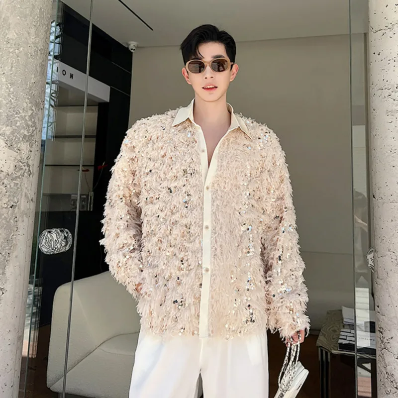 Fashion Men Shirt Embroidery Bead Patchwork Lapel Streetwear Long Sleeve Camisas Korean Style Loose Casual Nightclub Shitrts